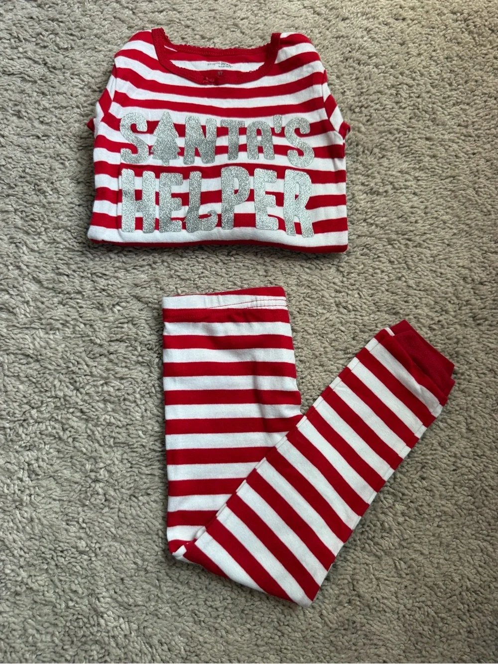 Red & White Striped Kids Pajama Set with 'Santa's Helper' Glitter Print